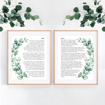 Set of 2 Personalized Wedding Day Love Letter / Wedding Vows / First Dance Song Cotton Anniversary Prints - Eucalyptus