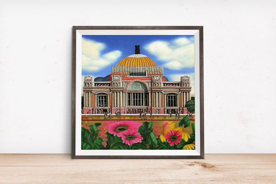 MEXICO CITY PALACIODE BELLAS ARTES in the style of Frida Kahlo POSTER