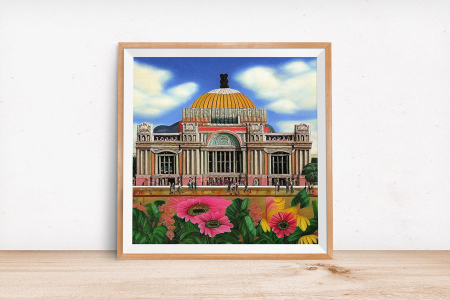 MEXICO CITY PALACIODE BELLAS ARTES in the style of Frida Kahlo POSTER