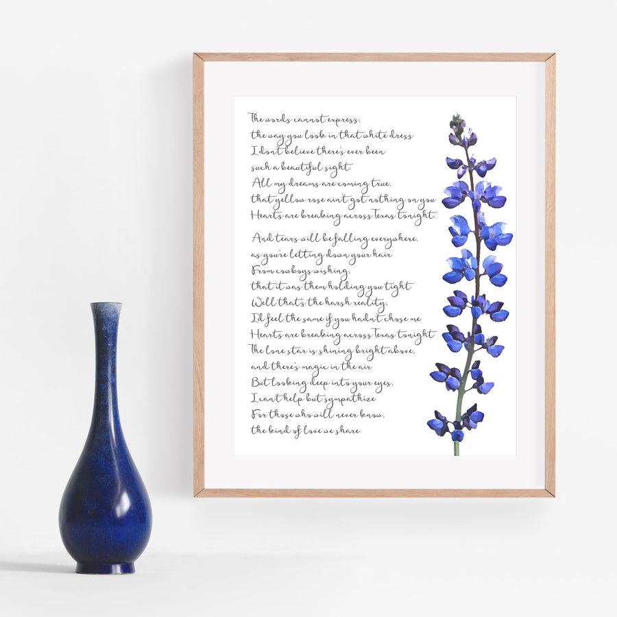 Personalized Wedding Day Love Letter / Wedding Vows / First Dance Song Cotton Anniversary Print - Texas Bluebonnet