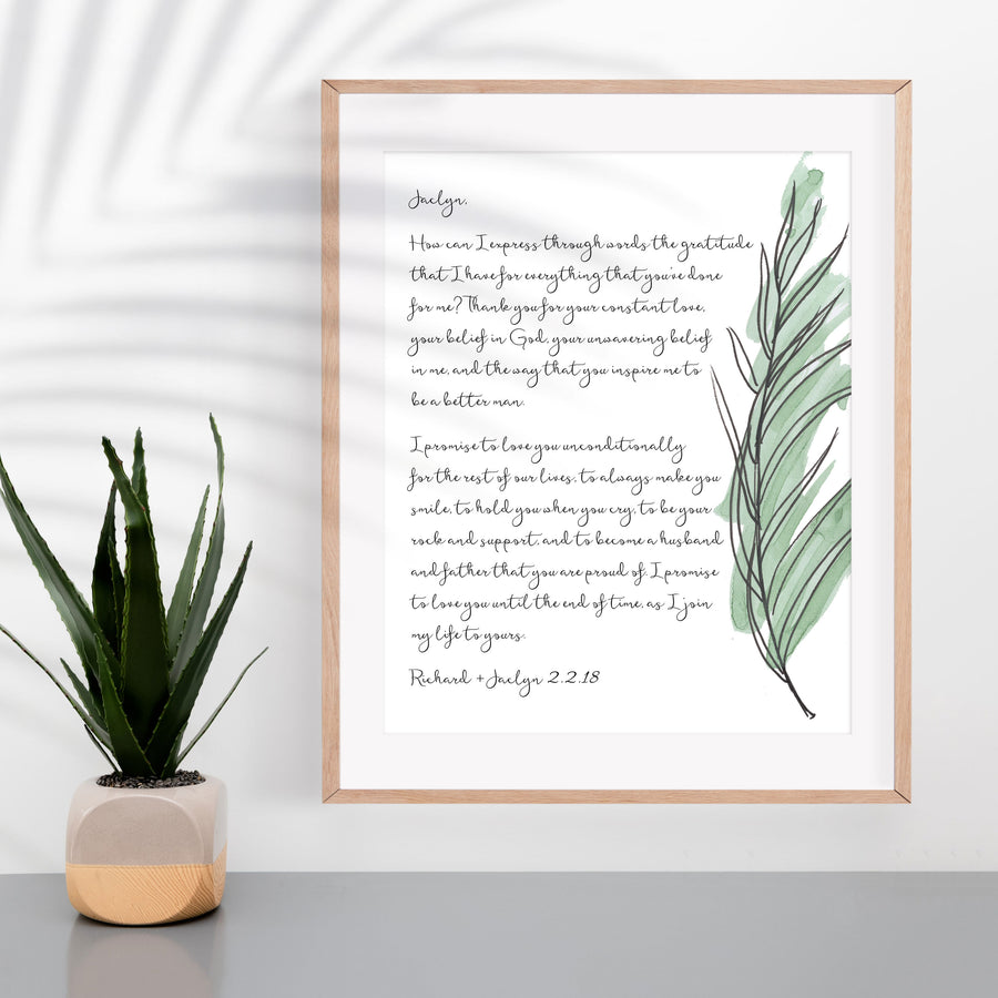 Personalized Wedding Day Love Letter /  Wedding Vows / First Dance Song Cotton Anniversary Print - Palm Frond