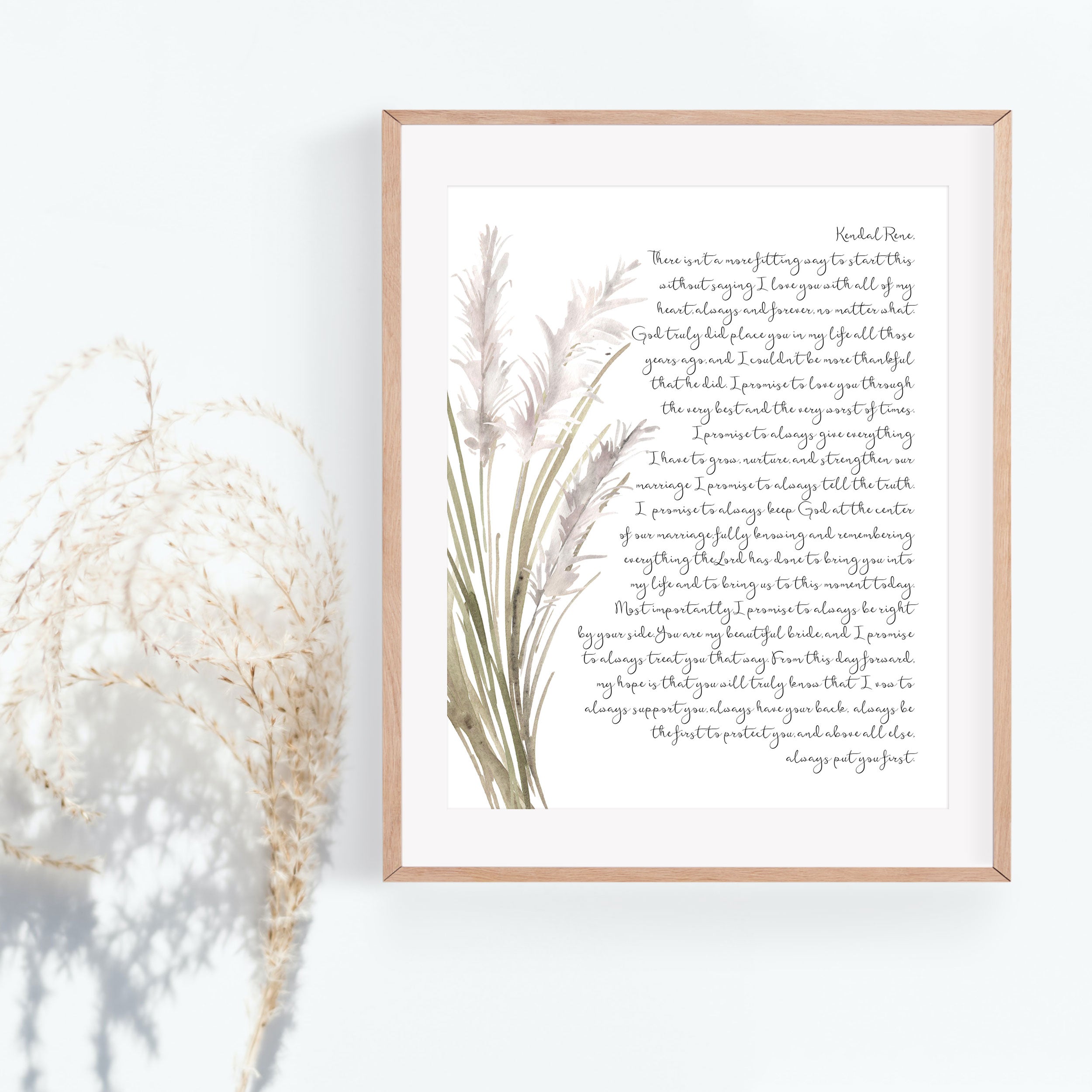 Personalized Wedding Day Love Letter / Wedding Vows / First Dance Song Cotton Anniversary Print - Pampas Grass