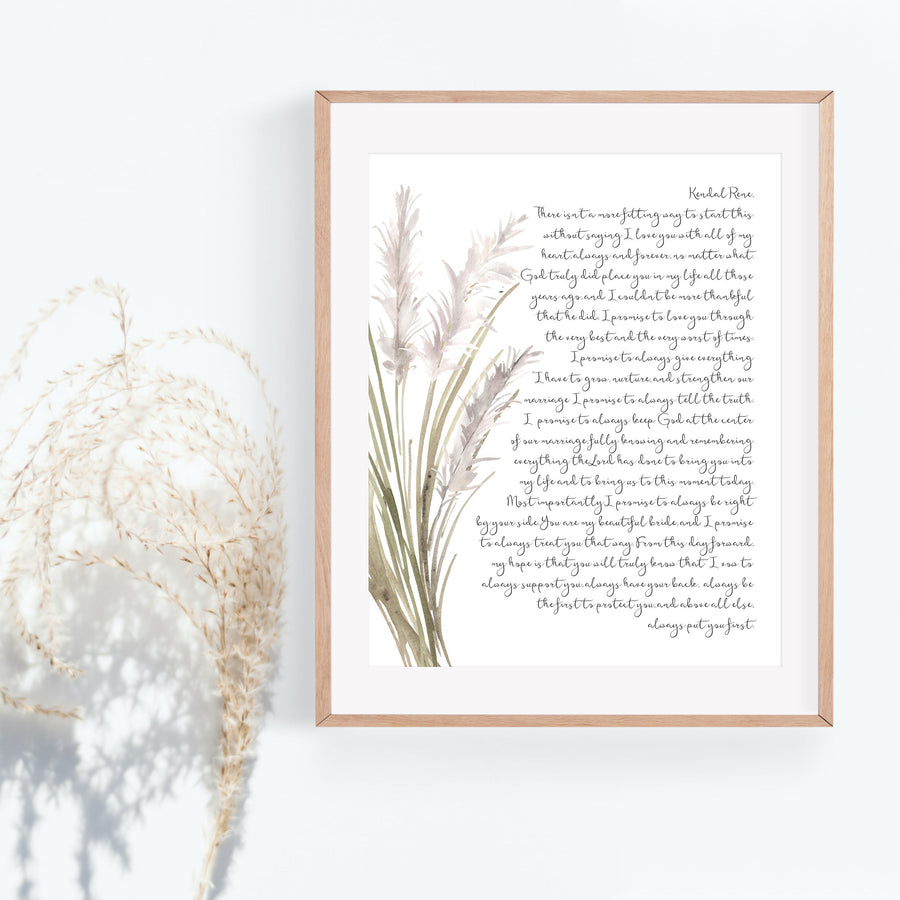 Personalized Wedding Day Love Letter / Wedding Vows / First Dance Song Cotton Anniversary Print - Pampas Grass