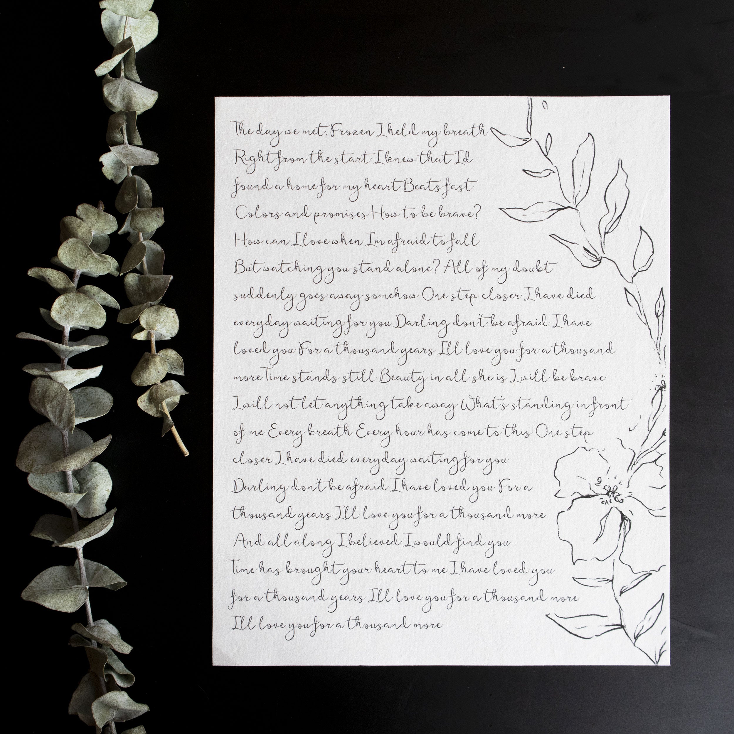 Personalized Wedding Day Love Letter / Wedding Vows / First Dance Song Cotton Anniversary Print - Floral