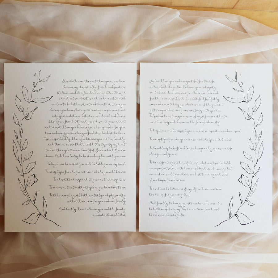 Set of 2 Personalized Wedding Day Love Letter / Wedding Vows / First Dance Song Cotton Anniversary Prints - Leaves