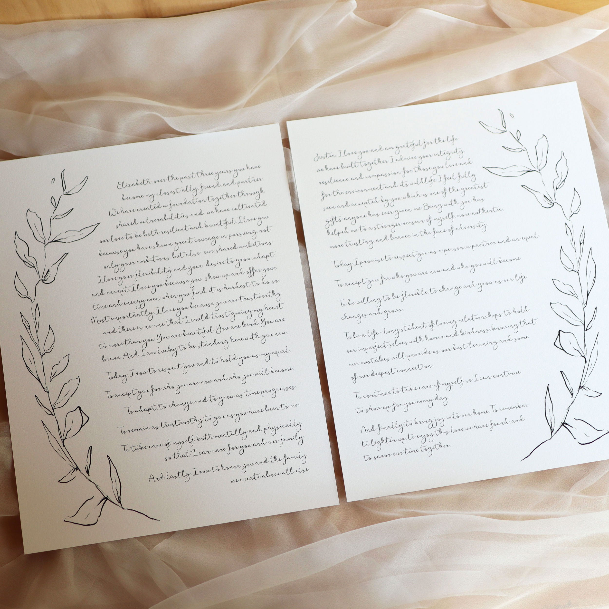 Set of 2 Personalized Wedding Day Love Letter / Wedding Vows / First Dance Song Cotton Anniversary Prints - Leaves