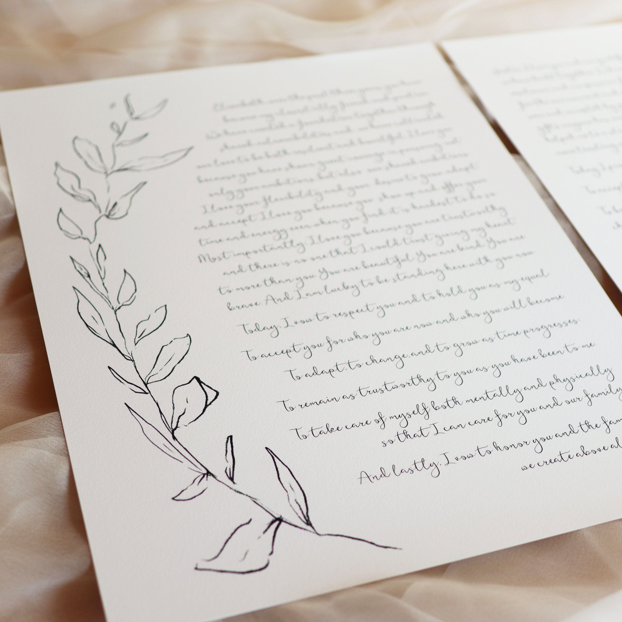 Set of 2 Personalized Wedding Day Love Letter / Wedding Vows / First Dance Song Cotton Anniversary Prints - Leaves