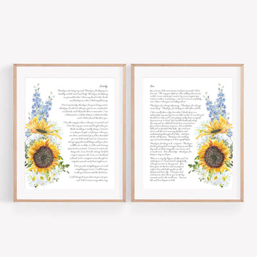 Set of 2 Personalized Wedding Day Love Letter / Wedding Vows / First Dance Song Cotton Anniversary Prints - Sunflower Daisy Delphinium Baby's Breath