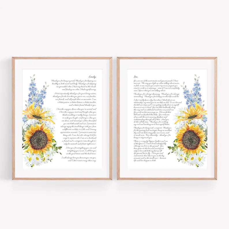 Set of 2 Personalized Wedding Day Love Letter / Wedding Vows / First Dance Song Cotton Anniversary Prints - Sunflower Daisy Delphinium Baby's Breath