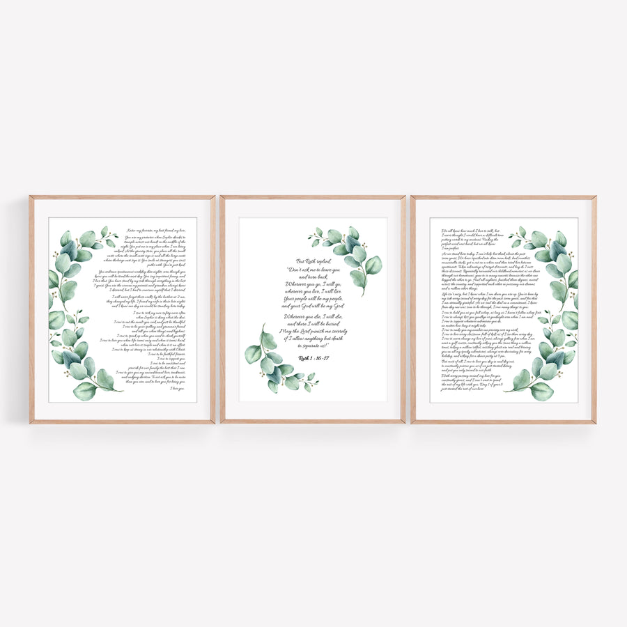 Set of 3 Personalized Wedding Day Love Letter / Wedding Vows / First Dance Song Cotton Anniversary Prints - Eucalyptus