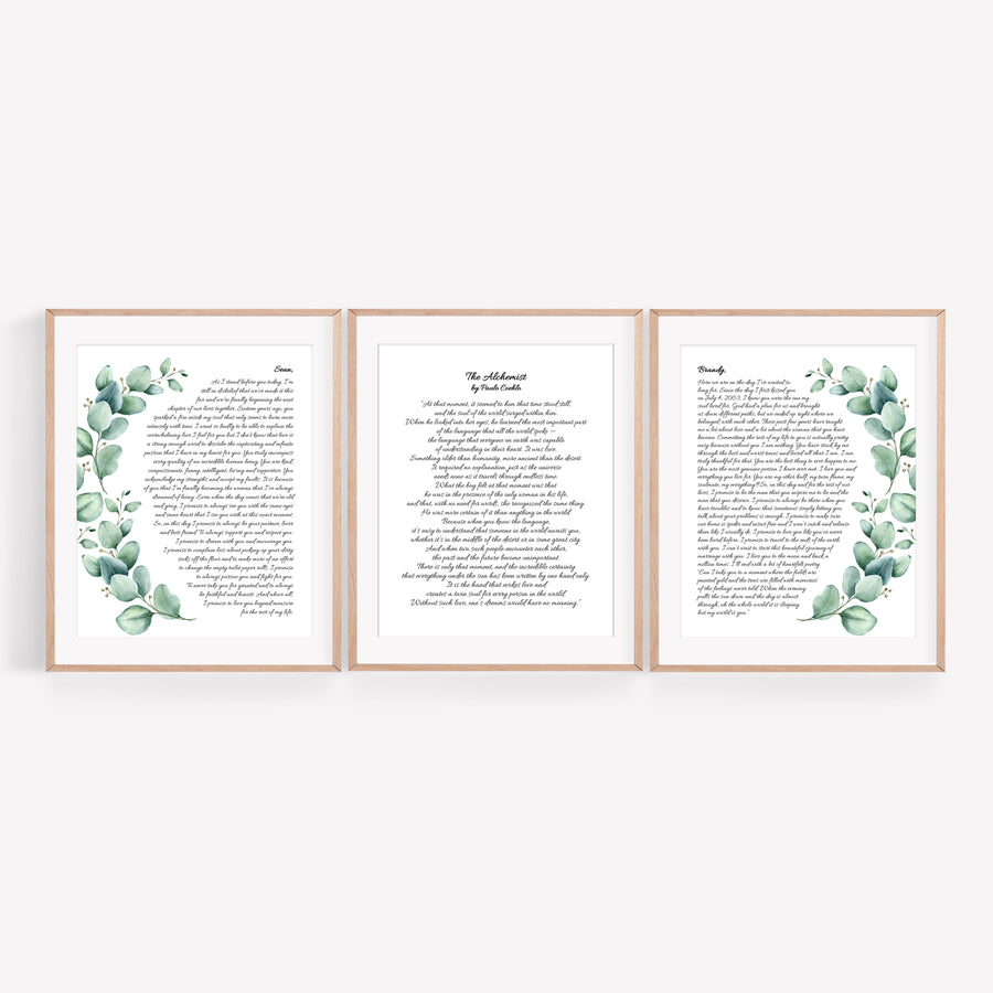 Set of 3 Personalized Wedding Day Love Letter / Wedding Vows / First Dance Song Cotton Anniversary Prints - Eucalyptus