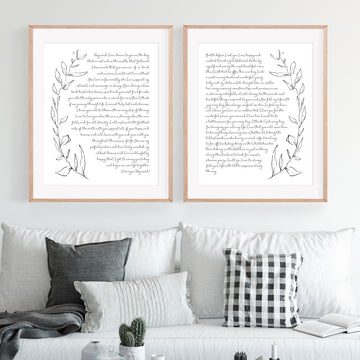 Set of 2 Personalized Wedding Day Love Letter / Wedding Vows / First Dance Song Cotton Anniversary Prints - Leaves
