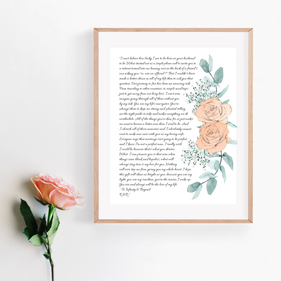 Personalized Wedding Day Love Letter / Wedding Vows / First Dance Song Cotton Anniversary Print - Peach Rose