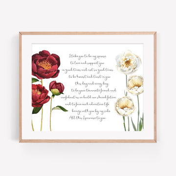 Personalized Wedding Day Love Letter / Wedding Vows / First Dance Song Cotton Anniversary Print - Burgundy Peony White Lisianthus Eustoma