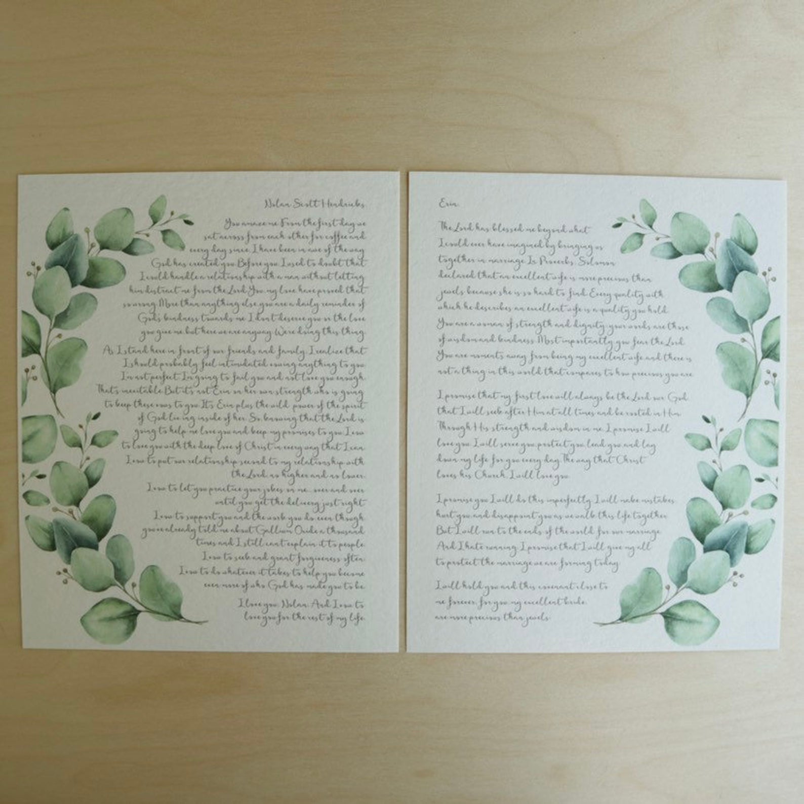 Set of 2 Personalized Wedding Day Love Letter / Wedding Vows / First Dance Song Cotton Anniversary Prints - Eucalyptus